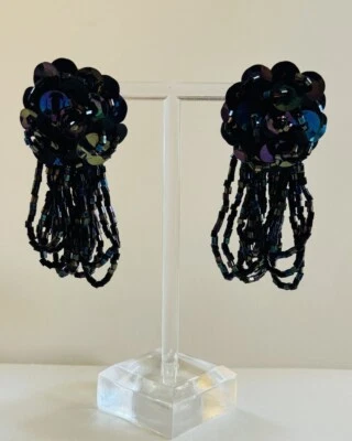 80s Glass Earrings VTG Black Pierced Rare Chunky Cluster Dangle Statement Big - Image 1 of 4