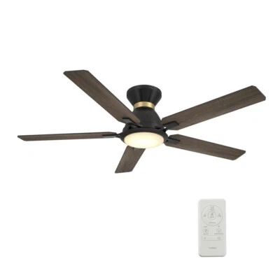 52" Black Indoor Outdoor Integrated LED Smart Ceiling Fan 5 Wooden Walnut Blade - Image 1 of 4