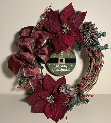 Christmas Wreath. Burgundy With Poinsettias. Handmade. New 16” - Image 1 of 4