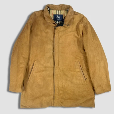 Chaqueta de cuero de gamuza tostada Burberry London talla 54/XL forro vintage a cuadros Foto 1 de 4