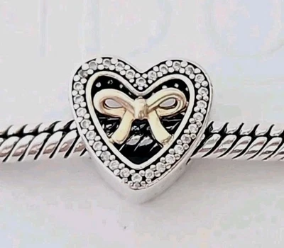 Genuine Pandora Bracelet Charm - Silver & 14k Gold Bound By Love Heart S925 ALE  - Image 1 of 4