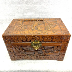 Vintage Chinese Hand Carved Wood Chest - Made in Hong Kong 12" Long - Picture 1 of 16