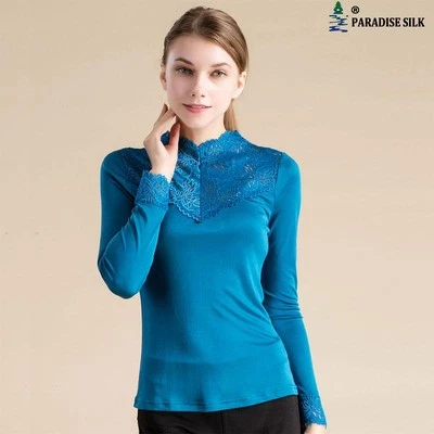 100% Silk Knit Women Lace Mock Turtle Neck Long Sleeve Vest Top Blouse - Image 1 of 2