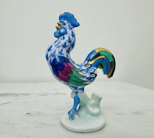 Herend Hand Painted Fishnet Blue Miniature Rooster 3" Figurine - Picture 1 of 5