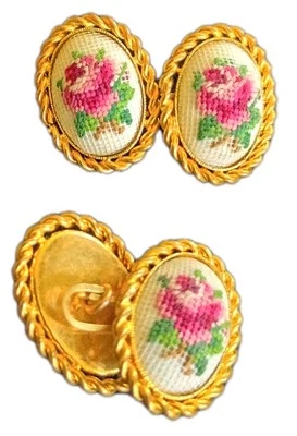 Vintage Petit Point Handmade Red Rose On White Vienna Needlepoint Flower Buttons - Image 1 of 3