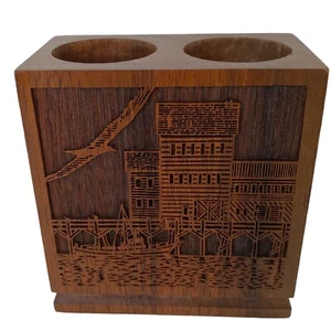 Vintage Solid Walnut Laser Cut Engraved Pencil Holder - Picture 1 of 8