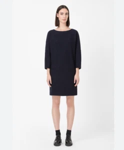COS Boiled Wool Dress S Navy 3/4 Sleeve Shift Boxy Oversized Minimalist Classic - Picture 1 of 11