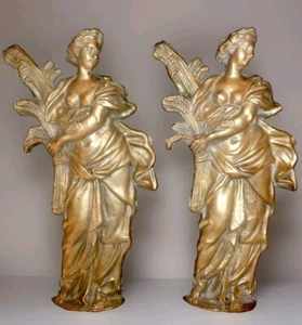 PAIR OF FRENCH BRONZE/BRASS MOUNTS PEDIMENTS FEMALES HARVESTING 31cm - Picture 1 of 11