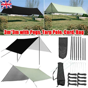 Tarpaulin Waterproof Camping Tarp Shelter with Poles Telescopic Tent Awning Pole - Picture 1 of 27