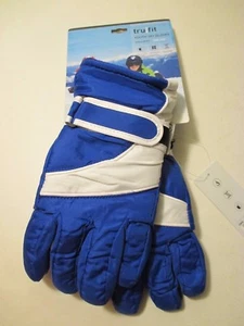 NWT TRUFIT Boys Youth Blue White Lined WATERPROOF Winter Ski GLOVES~Fits XL - Picture 1 of 12