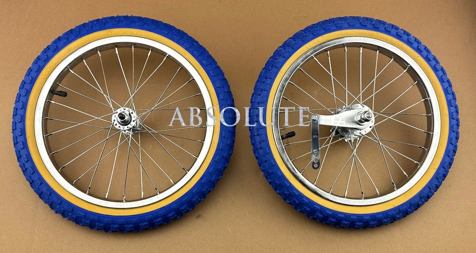 16" CHROME HEAVYDUTY 28 SPOKE BIKE WHEEL SET W/BLUE GUM 2.125 BMX COMP III TIRES - Image 1 of 2