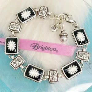 Brighton Black White Water Lily Resin Link Silver Plate Bracelet - Picture 1 of 6