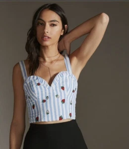 New Anthropologie Maeve Striped Embroidered Strapless Strawberry Size 6 - Picture 1 of 2