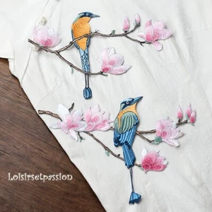 Grande applique brodée, OISEAU BRANCHE de CERISIER - Patch à coudre - ACD03 - Imagen 1 de 4