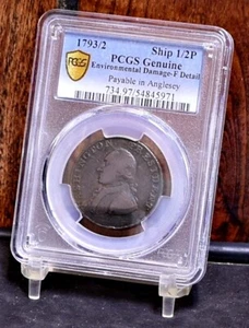 1793/2 Kolonialschiff 1/2P Pay in Anglesey - PCGS feine Details Enviro Dam (59342-L) - Bild 1 von 12