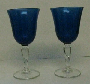 Set of 2 Cobalt Blue Glass Wine Glasses Clear Swirl Spiral Stems - Picture 1 of 7