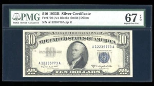 DBR 1953-B $10 Silver Fr. 1708 Superb Gem PMG 67 EPQ Serial A12235773A - Picture 1 of 2