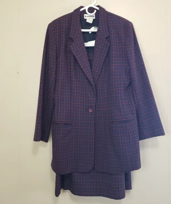 复古 Joan Leslie 女式 14 西装裙套装紫色红色羊毛混纺 Midi 长外套  — 第 1/4 张图片