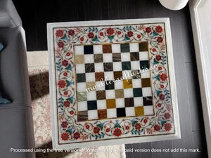 marble inlay chess table with semi precious stone marquetry art & gameboard deco - Picture 1 of 9