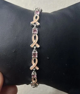 Avon NR Pink Crystal And Breast Cancer Awareness Ribbon Link Tennis Bracelet - Picture 1 of 6