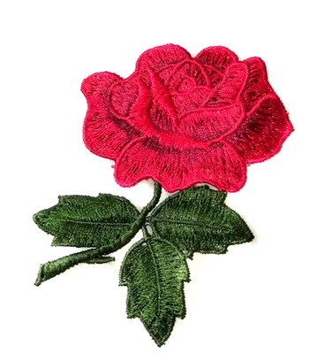 Aplique de bordado realista de flores de rosa roja y verde 3+3/4x2+3/4 pulgadas Foto 1 de 2