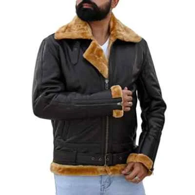 Mens Sheep Shearling Leather Jacket Black B3 Bomber RAF Coat All Sizes - Image 1 of 4