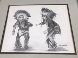 Cultural Dance Charcoal Ceremonial Art Framed Matted - Picture 1 of 8