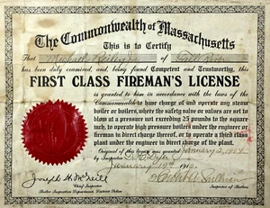 Steam Boiler Operator's License Certificate Fall River Bristol County MA 1912 - Picture 1 of 5