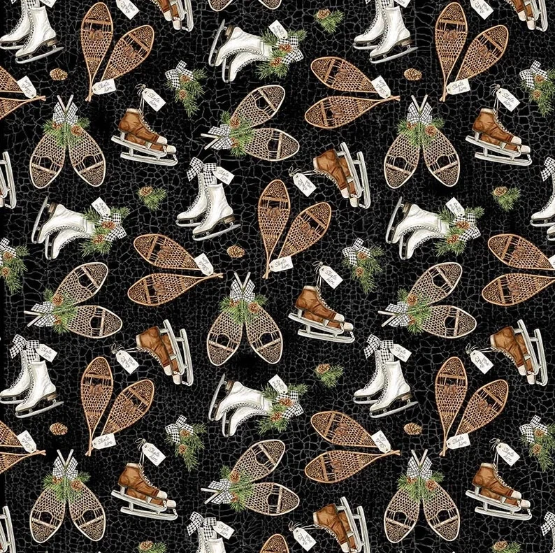 3 Yards Cotton Fabric - Northcott Alpine Winter Shoes Toss Black - Image 1 of 1
