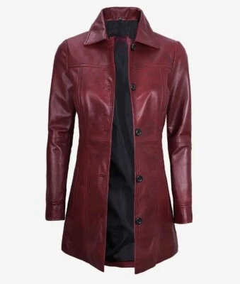 Women's Shirt Collar Real Lambskin Maroon Leather Car Trench Winter Long Coat - Image 1 of 4