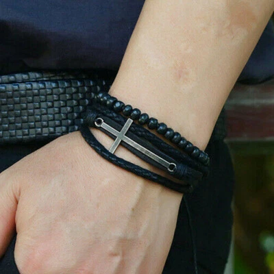 4Pcs/Set Men Women Ethnic Leather Stackable Braided Bracelet Christ Cross Charms - Image 1 of 4