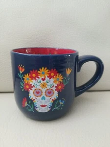 Halloween Day of Dead Coffee Mug Blue/Red Floral Design 16oz cup - Picture 1 of 11