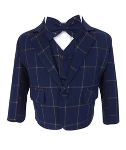 Kids Baby Boys 5 Piece Navy Blue Windowpane Vintage Check Suit Set 3 to 24 Month - Picture 1 of 11