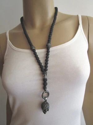 Modekette Hals Kette lang Schwarz Totenkopf Skull Shamballa Perlen Strass t539 - Bild 1 von 4