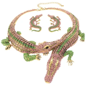 Gold Tone Metal Large Crystal Rhinestone Alligator Necklace Earring Set NK250... - Picture 1 of 2