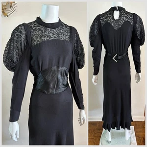 1930s 40s Lace Leg Of Mutton Crepe Dress Evening Gown Rhinestone Satin Belt VTG - Picture 1 of 24