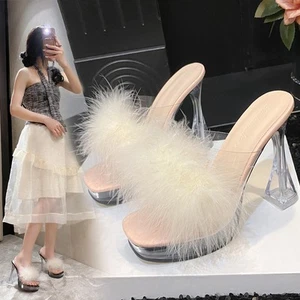 Sexy Super High Heels 10CM Transparent Sandals Slippers Hairball Decorative Mule - Picture 1 of 27