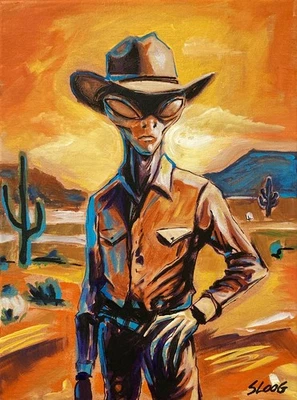 Paleta limitada arte original SLOOG pintura de retrato moderna 12x16 cowboy alienígena - Imagem 1 de 4