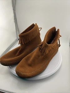 Minnetonka Brown Suede Fringed Zip Back Womens Moccasins Ankle Boots Size 10 - Picture 1 of 7