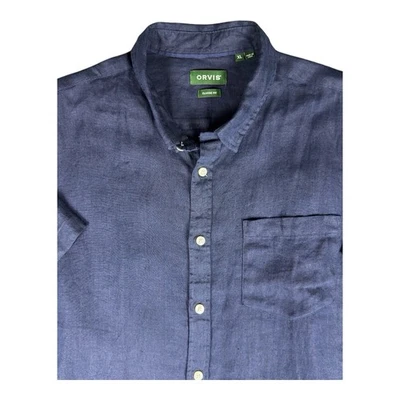 Orvis Classic Fit Shirt Short Sleeve Button Down 100% Linen Men’s XL Navy Blue - Image 1 of 4