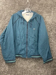 FILA Jacket Mens XL Blue Plaid Nylon Long Sleeve Hooded Windbreaker Full Zipper - Picture 1 of 17