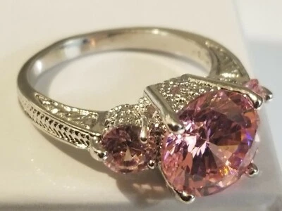10k White Gold overlay Ring with Lab created Pink Sapphire size 7.75 - Image 1 of 4