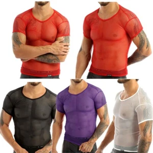 Herren Unterhemd Mesh Transparent Shirt Männer Netzhemd Kurzarm T-Shirt Clubwear - Picture 1 of 29