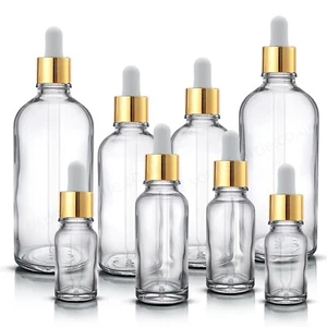 DURCHSICHTIGE Glas Tropferflasche mit GOLD Pipette Augentropfen für Aromatherapie Öle NEU - Bild 1 von 4