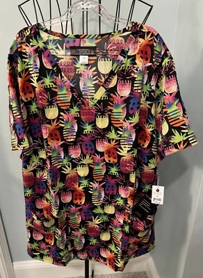 New Koi Basics Tiki Pineapple Leslie V Neck scrub top women 2X 2XL black red - Image 1 of 4