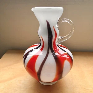 Vintage 1950s ‘Opaline Florence’ Italy, white, red + black glass jug / vase. MCM - Picture 1 of 22