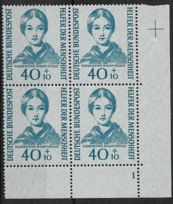 GERMANY 1955 40 + 10pf FLORENCE NIGHTINGALE MNH CORNER BLOCK OF 4. PLATE 1 (603) - Image 1 of 2