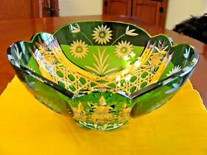 VTG'CZECH/BOHEMIAN' CUT TO CLEAR CRYSTAL EMERALD GREEN FLUTED FLORAL 9 3/4" BOWL - Picture 1 of 16