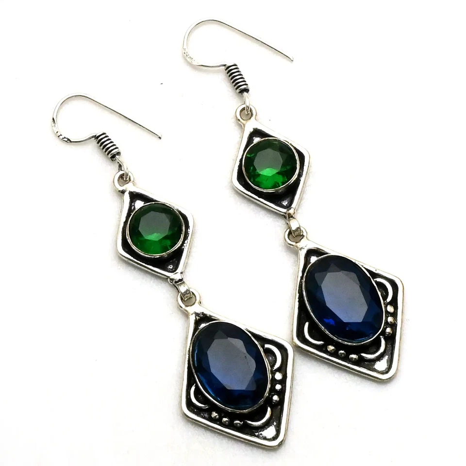 Tanzanite Green Quartz Gemstone Drop Dangle Earrings Jewelry Gift 2.2" AE-88508 - Image 1 of 1