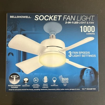 Bell + Howell Socket Fan Light NO WIRING NEEDED Remote White Indoor 15.7" Fan - Image 1 of 4